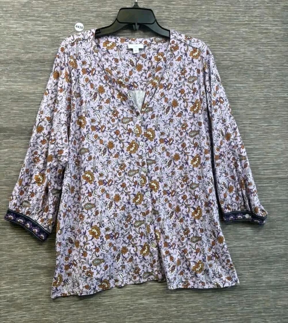 J Jill Purple Floral Henley Blouse Womens Size 3X Cotton Tencel 3/4 Sleeve